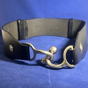 Coldwater Creek Black Leather Belt with Silver Tone Horsebit Buckle